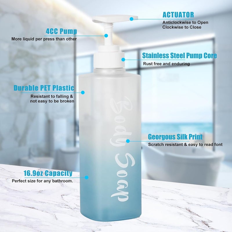 AUMIO Shampoo and Conditioner Dispenser Set of 3, 17oz Shower Soap Bottles with Permanent Label, Refillable Shampoo and Conditioner Dispensers for Bathroom, Gradient Frosted Blue Empty Bottles with Pump - Image 2
